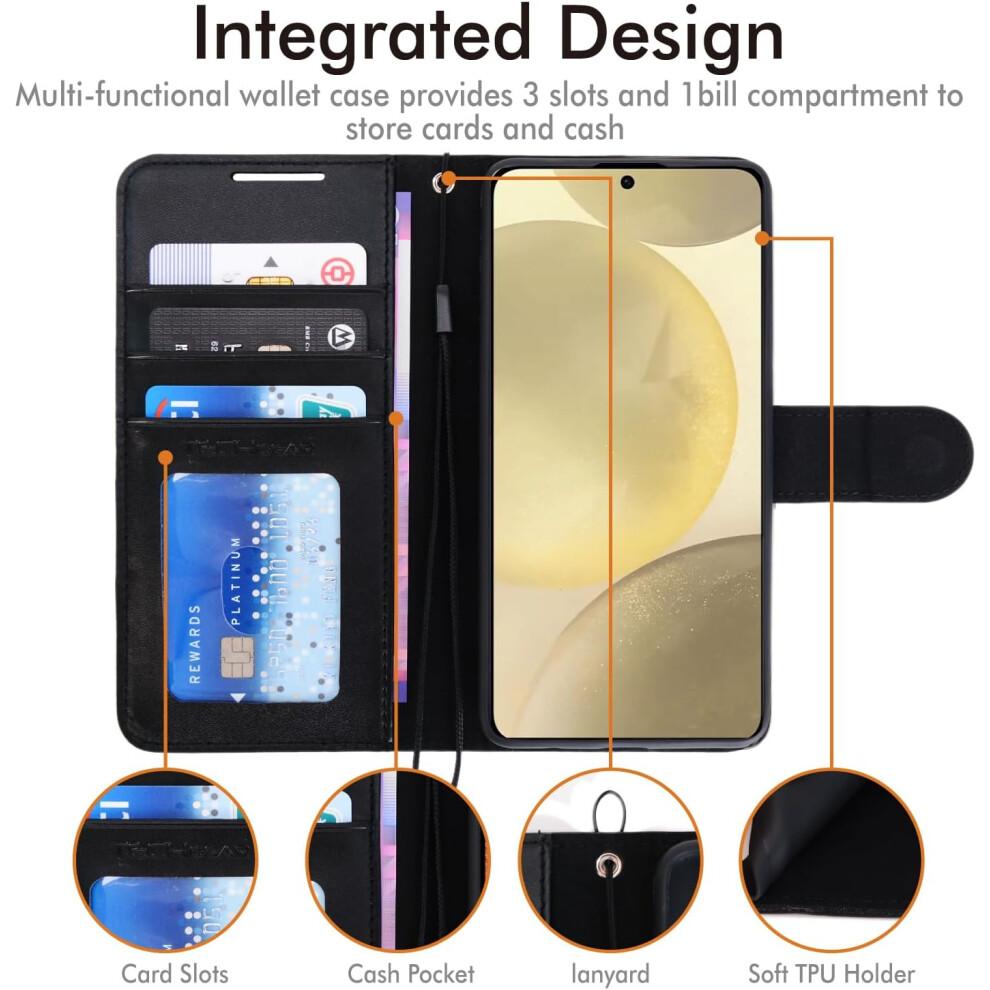 Protective Leather Wallet Case for Samsung Galaxy S24 5G - PU Leather, 3 Card Slots + Cash Pocket, Kickstand, Wrist Strap, Wireless Charging