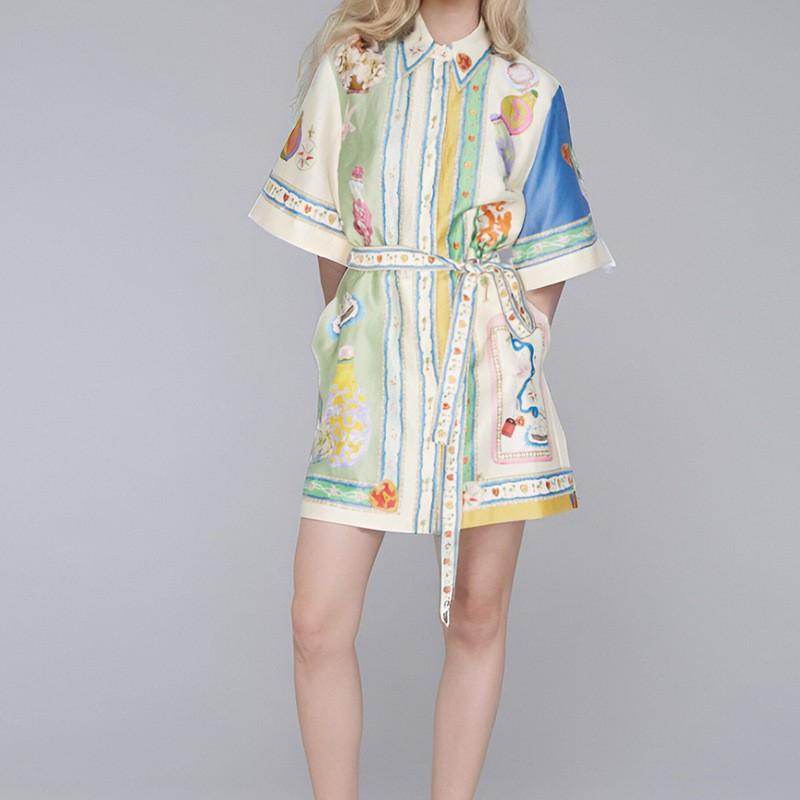 2026 Womens Printed Wrap Tie Neck A-Line Mini Dress High Waist Short Sleeve Elegant Office Casual