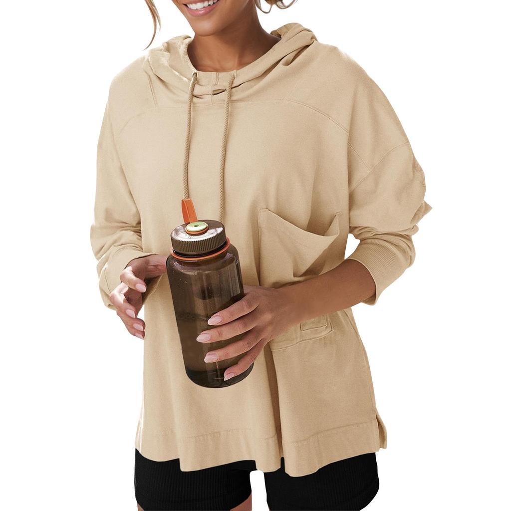Женские негабаритные толстовки с длинными рукавами, повседневная свободная толстовка с капюшоном и завязками с боковыми разрезами для тренировок