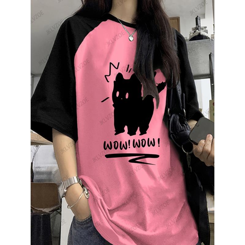 Забавная женская летняя футболка с принтом кота, пэчворк, с коротким рукавом, футболки в стиле харадзюку, спортивная футбольная майка, Y2K, свободные топы оверсайз