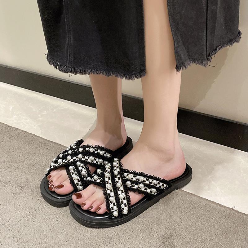 Summer Women's Pearl Flat One-shaped Sandals Slippers Home Casual Round Toe Cross Sandals Summer Women's Slippers Size 35-40