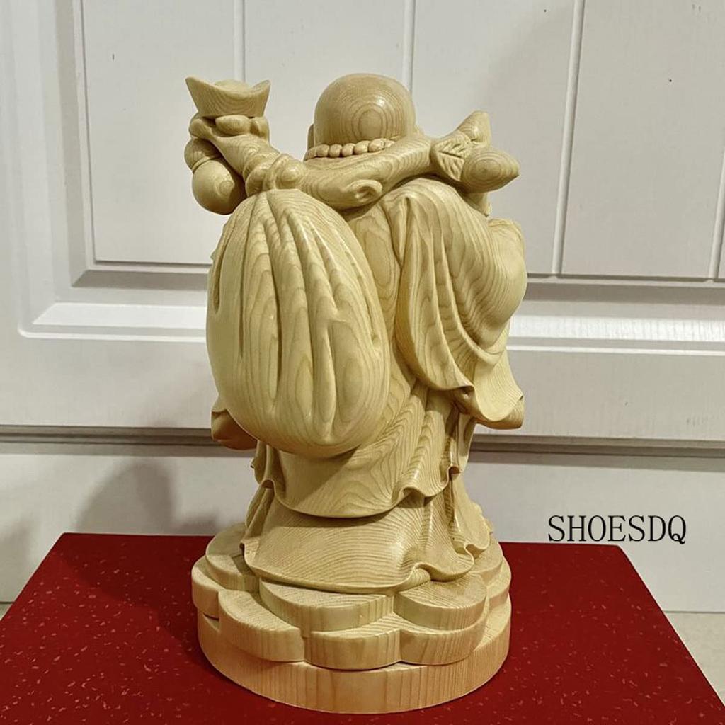 Wooden Buddha Hotei Made of Cypress Good Fortune Ornament Statue, (Laughing Buddha), Figurine, High-Quality Wood, (Size 16cm)