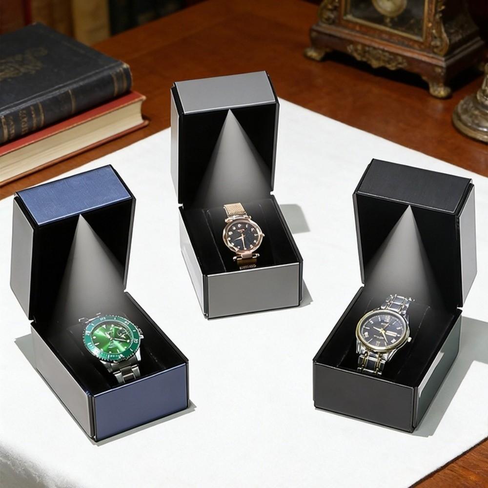 Exquisite PU Leather Watch Box Flip-Top Lid with LED Light Wristwatch Display Case Bracelet Storage Single Watch Gift Box Watch