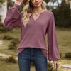 Осень/зима 2023, женская повседневная однотонная свободная футболка с v-образным вырезом и длинными рукавами, топ