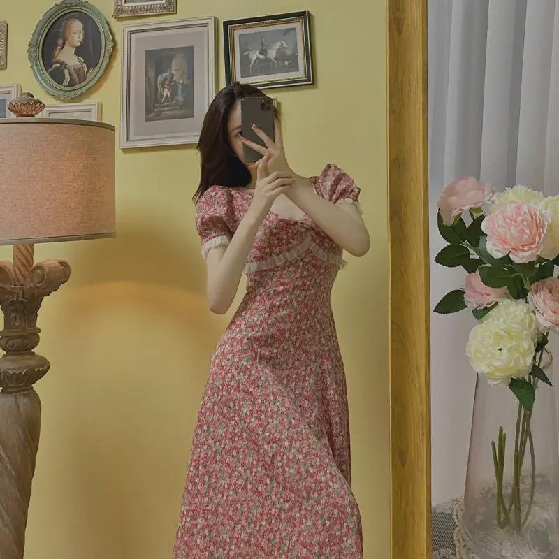 Летнее платье для чайной паузы с французским квадратным воротником для миниатюрных женщин - элегантная юбка А-силуэта с заниженной талией