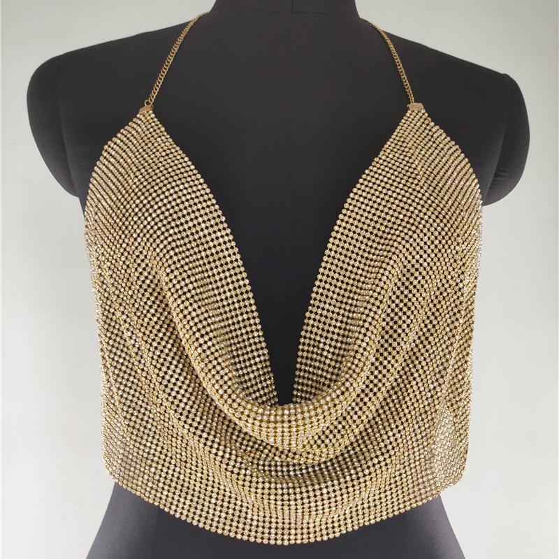 Ins Style, Nightclub Low Cut Backless Outfit, Sparkling Diamond, Chain Strap, Deep V-neck, Crop Top, Sexy Design