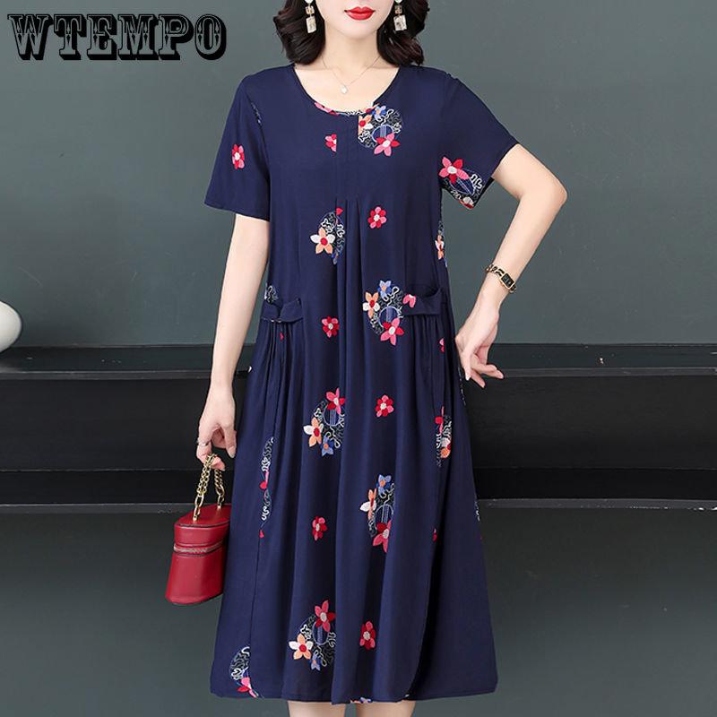 Женское летнее модное свободное хлопковое шелковое платье большого размера с короткими рукавами и цветочным принтом, темпераментные платья трапециевидной формы