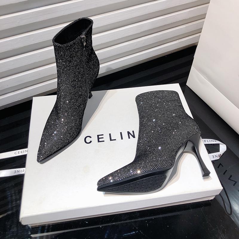 Мода Женские ботильоны с пайетками Модные короткие ботильоны с острым носком Осень-зима Женская обувь на высоком каблуке Botas Mujer