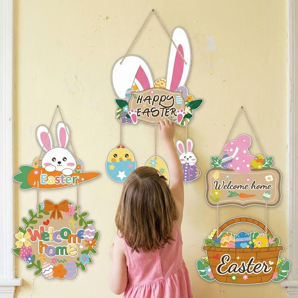 Cartoon Easter Welcome Sign Paper Bunny Egg Decor Easter Hanging Ornament Party Decoration