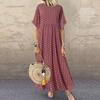 Women Dot Print Maxi Dress Summer Short Sleeve Crew Neck Long Dress Casual Pleated Swing Beach Sundress