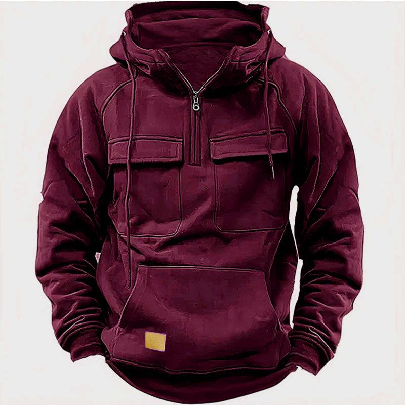 Men's Multi-Pocket Hooded Leather Patch Sweatshirt Jacket for Spring and Autumn - European & American Youth Style