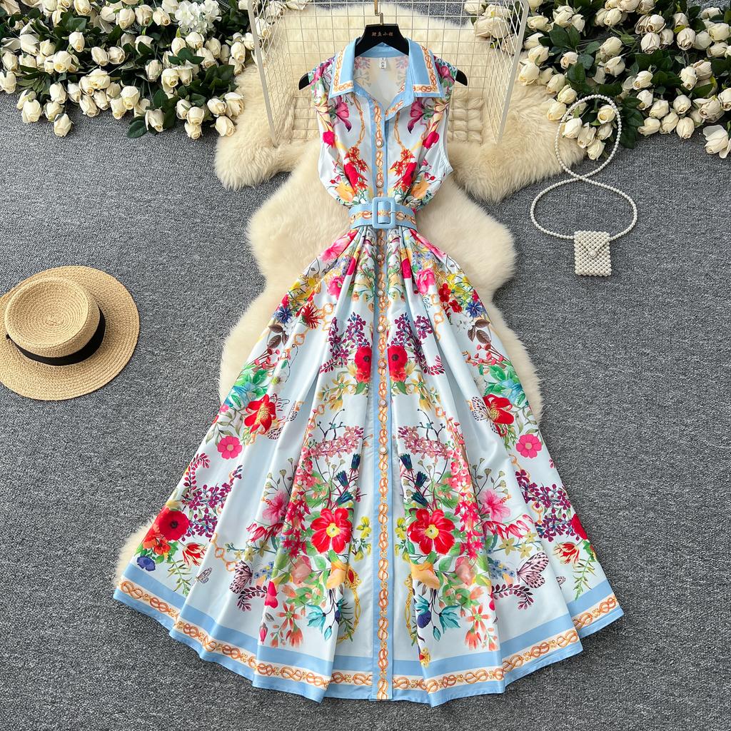Summer Women Turn-down Collar Vintage Print Runway Dress Sleeveless Long Maxi Party Dresses with Belt