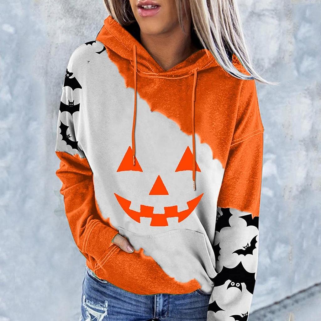 Women's Casual Fashion 2022 Halloween Print Long Sleeve Pullover Hooded Top