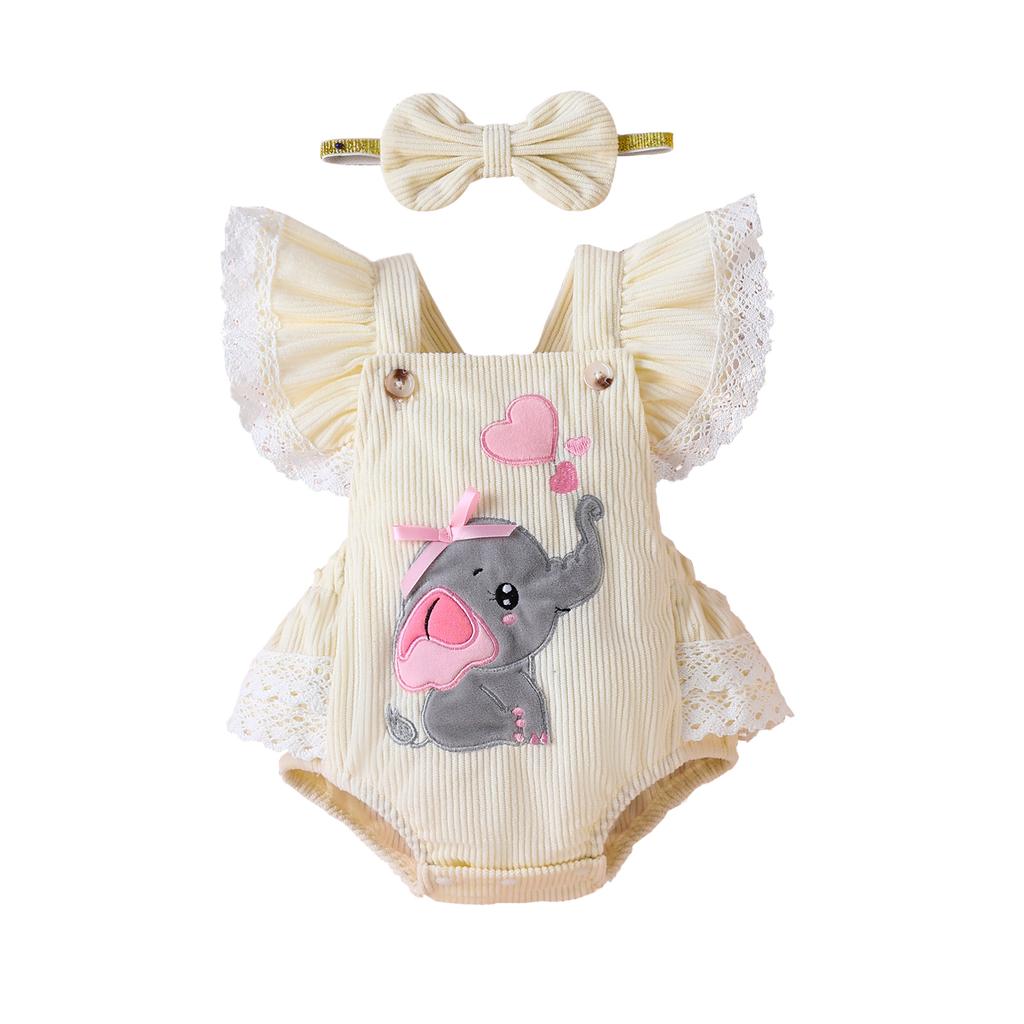 Newborn Girl Outfit, Fly Sleeve Embroidery Elephant Heart Romper with Hairband Valentine 's Day Clothes