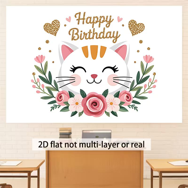2D Kids Birthday Backdrop, White Cat with Pink Flowers & Gold Hearts Background