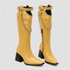 Winter Women Western Knee High Boots Yellow Brown Croc Block Heels Club Party Square Toe Vintage Buckle Chain Lady Cowboy Boots