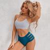 Woman Triangle Oversize Split Bikini Set Tie Side Shorts Thong Swimsuit Bandage Back Stripe Solid Color