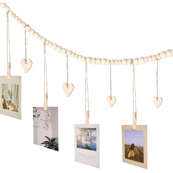 KLOGTSIND Hanging Photo Display with Clips, 9 Wood Clips, Boho Picture Frames Collage Wall Decor, Photo Hanger for Office Cubicle Decor, Kids Art