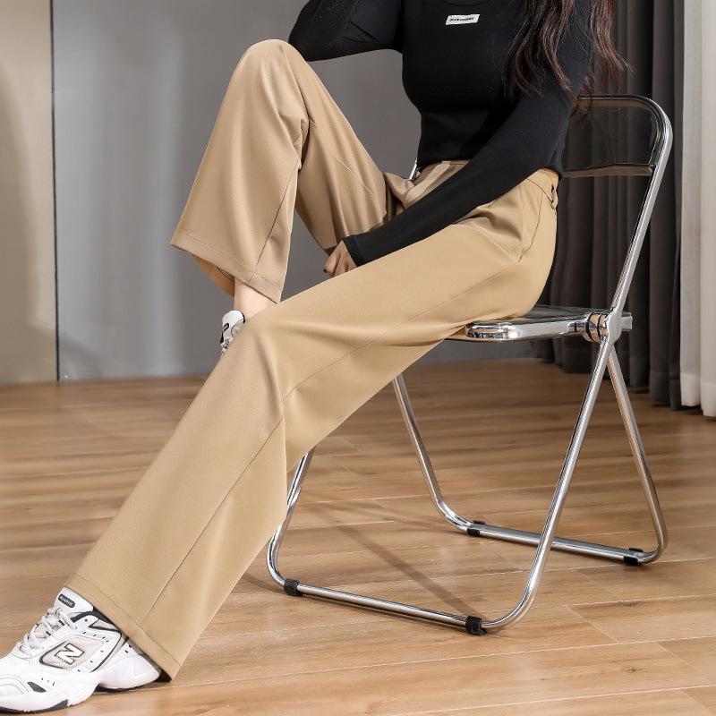 Женские прямые брюки с широкими штанинами и высокой посадкой - Весна/Осень, Стройнящие, Очень длинные, Драпирующиеся