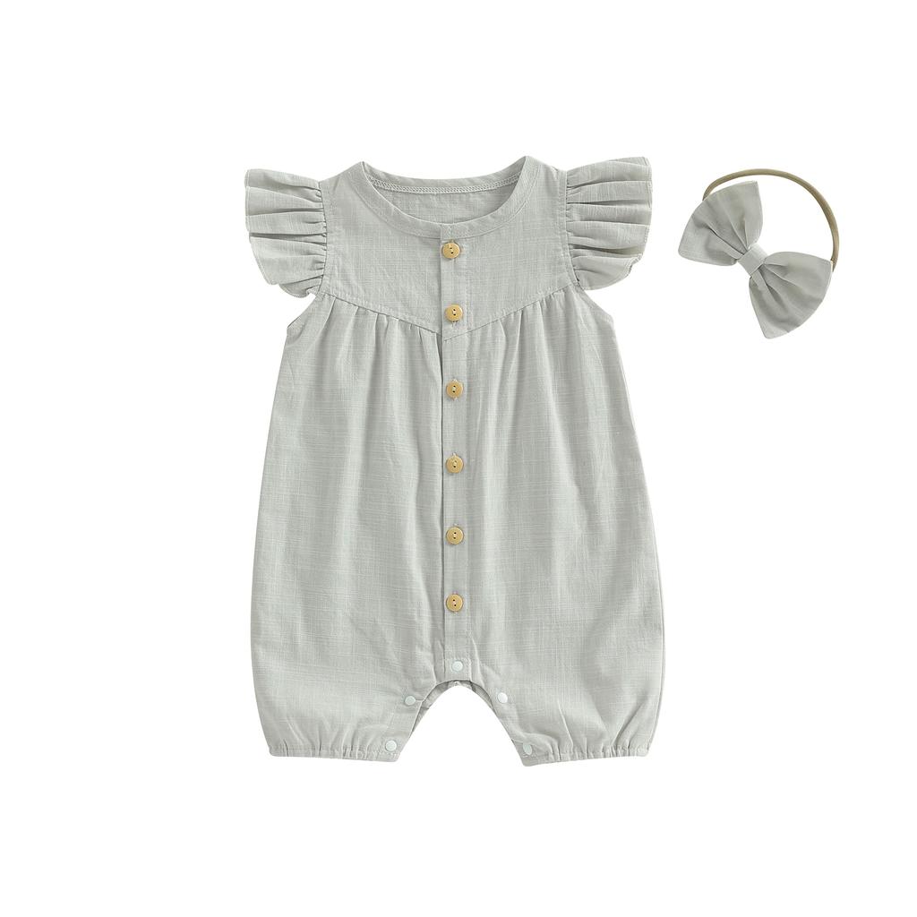 Citgeett Summer Infant Baby Girl Outfit Solid Flying Sleeve Romper Bow Headband Casual Clothes Set