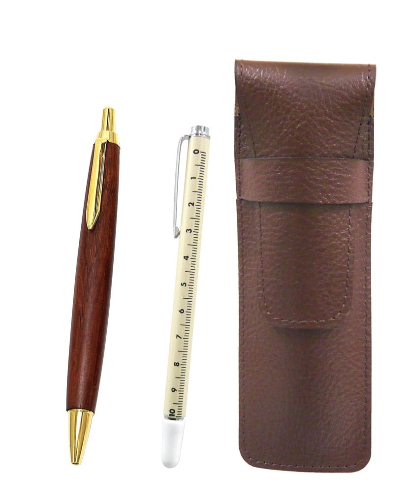 Shibochoco color cowhide leather pen case with slide measuring stick and brown wooden retro ballpoint pen set 2-pack SASTYO-708W-HS48S-2