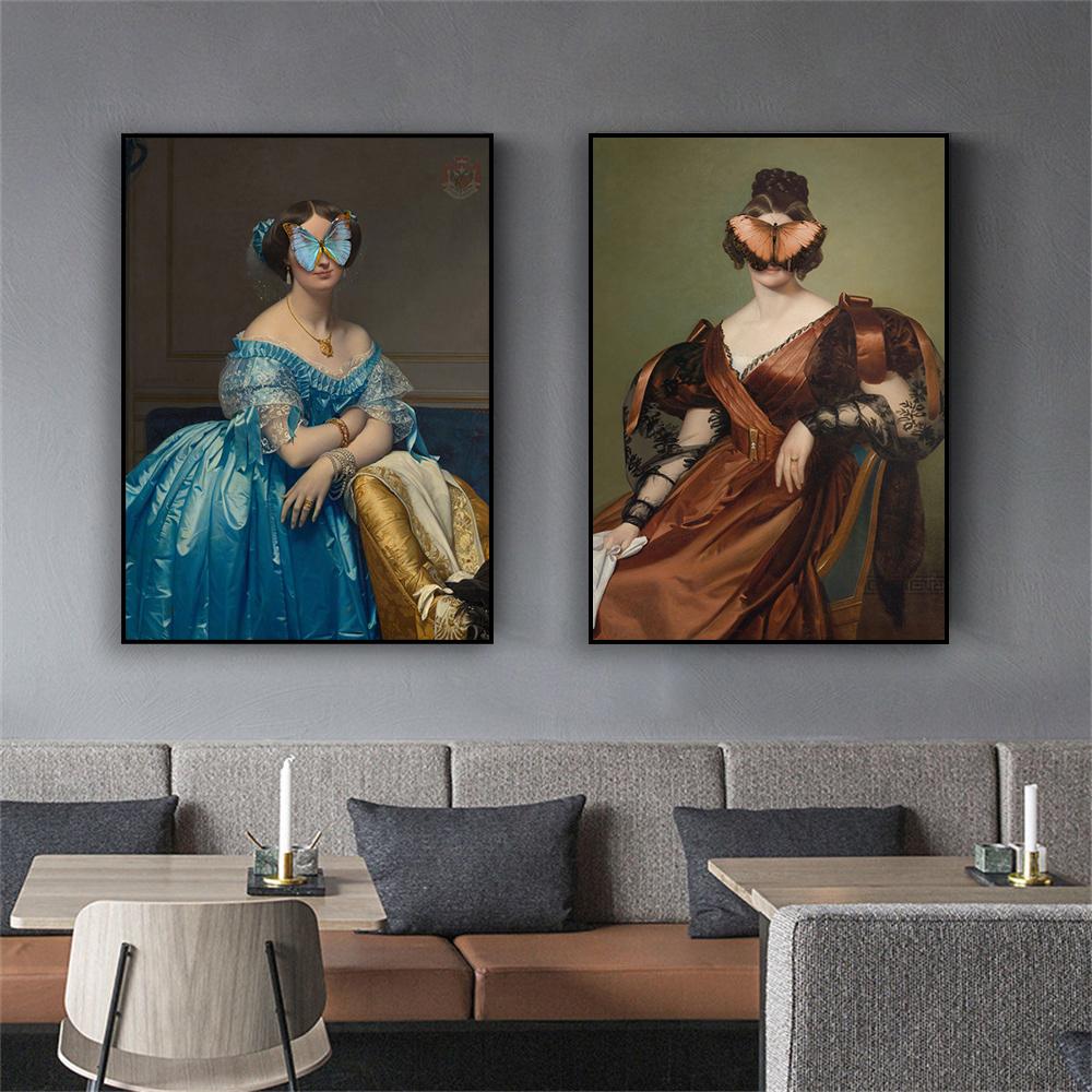 Retro Poster Madame Butterfly Prints Blue Satin Dress Women Portrait Oil Painting Victorian Art Canvas Painting Gallery Decor