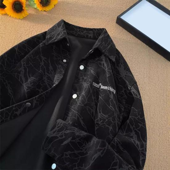 Весна Осень Мужская Рубашка Ретро Американский Стиль Вельвет Вышивка Японский Стиль Свободный Однобортный Длинные Рукава