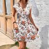 YYFS Women's Fashion Summer Spring Flower Pattern Print Short Sleeve V-Neck High Waist Casual Dresses