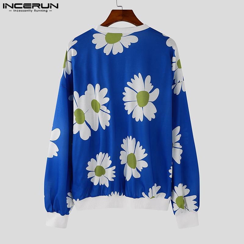 INCERUN Мужские весенние тонкие толстовки с длинным рукавом и круглым вырезом в стиле пэчворк с цветочным принтом