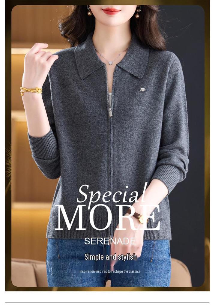 Women's Double Zipper Lapel Knit Cardigan - Spring Loose Fit Age-Reducing Sweater Jacket