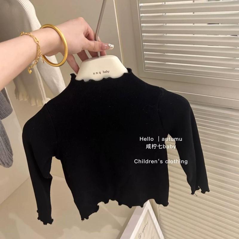 Girls Long Sleeve Cotton T-Shirt Soft Plain Top Fall Toddler Outfit Inner Layer Stylish Ruffled Neck