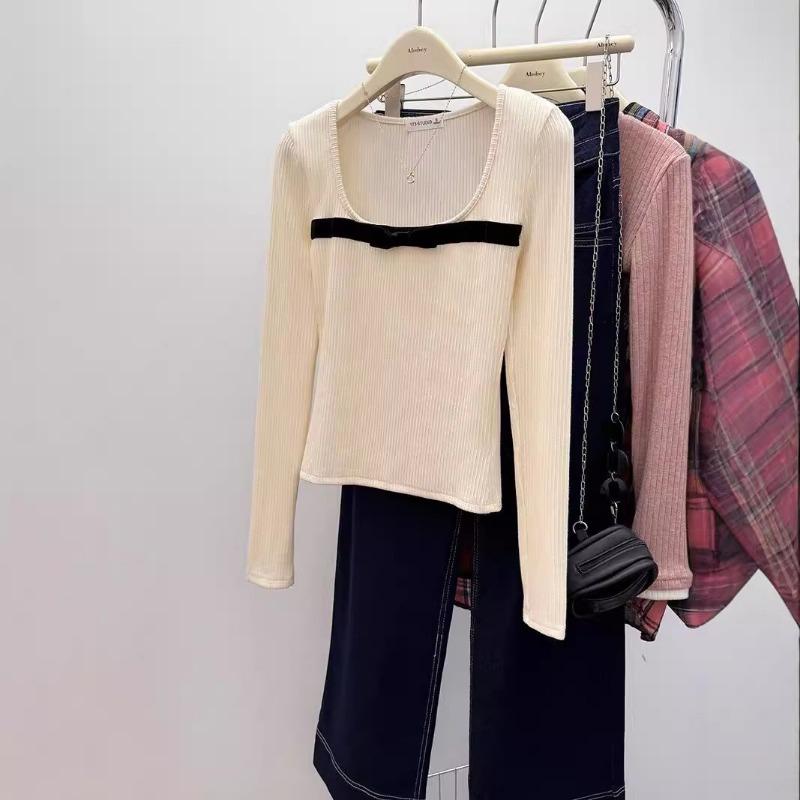 Early Autumn Comfortable Long-sleeved Shirt for Women, Thin, Gentle and Trendy Bow-knot Slim-fit Bottoming Shirt with Collar Top