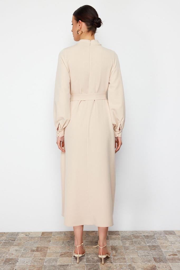 Women's Fashion Ecru High Collar Sash Detailed Woven Dress