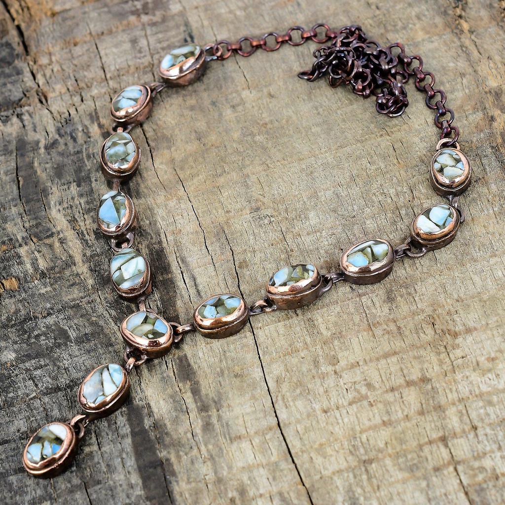 Медное колье с ларимаром, колье из электроформированной меди, колье с регулируемой цепочкой, медные украшения, колье с драгоценным камнем, украшения ручной работы для подарков