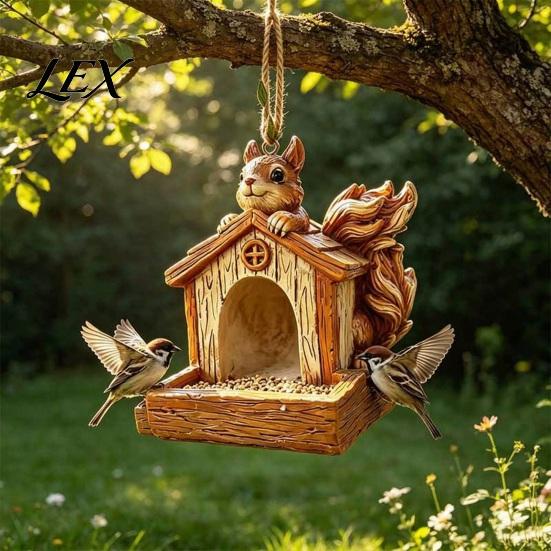 Patio Bird Feeder Resin Squirrel Feeder, Outdoor Hanging Weather Resistant House Garden Wild for Backyard Decoration Shaped
