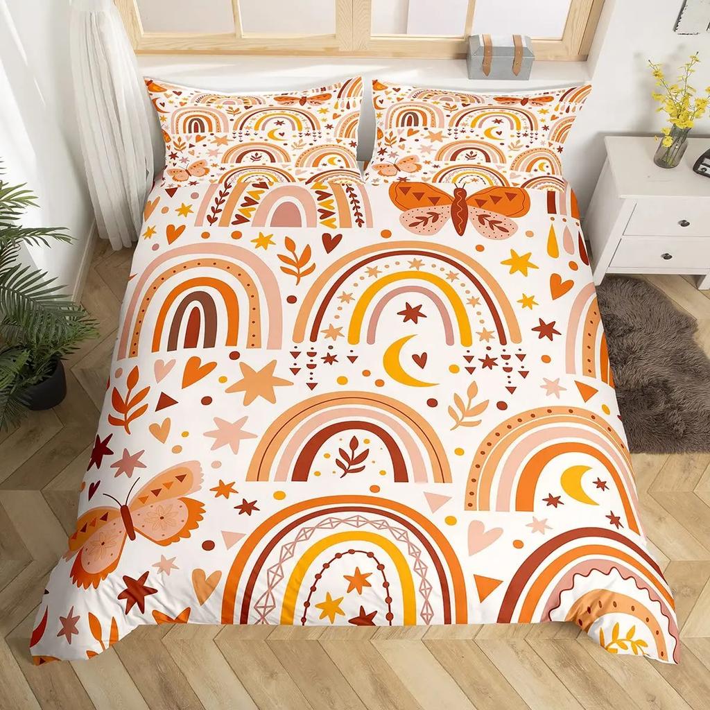 Радужный комплект пододеяльника, Красочный абстрактный геометрический узор с формами Радуга, Декоративный постельный комплект