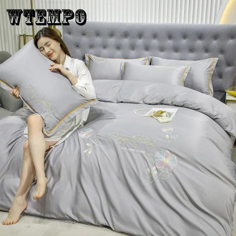 4pcs/set Spring and Summer Embroidery Ice Silk Four Piece Set Sheet Quilt Pillow Bedding Set Home Double Bed Bedspread Sets