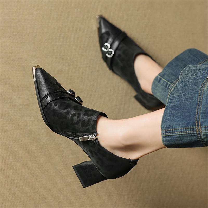 Fashion New Spring Genuine Leather Women Pumps Shoes for Women Fashion Leopard Print Buckle Pointed Toe Loafers Shoes Women High Heels