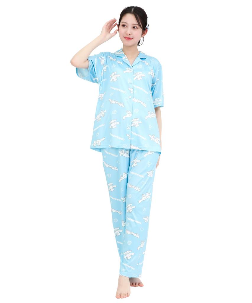 SAZAC Cinnamoroll and Milk Shirt Powder Stretch Short Sleeve and Long Pants Loungewear Pajamas, Fabric, Women's Set, (Sax/L/SAN1951)