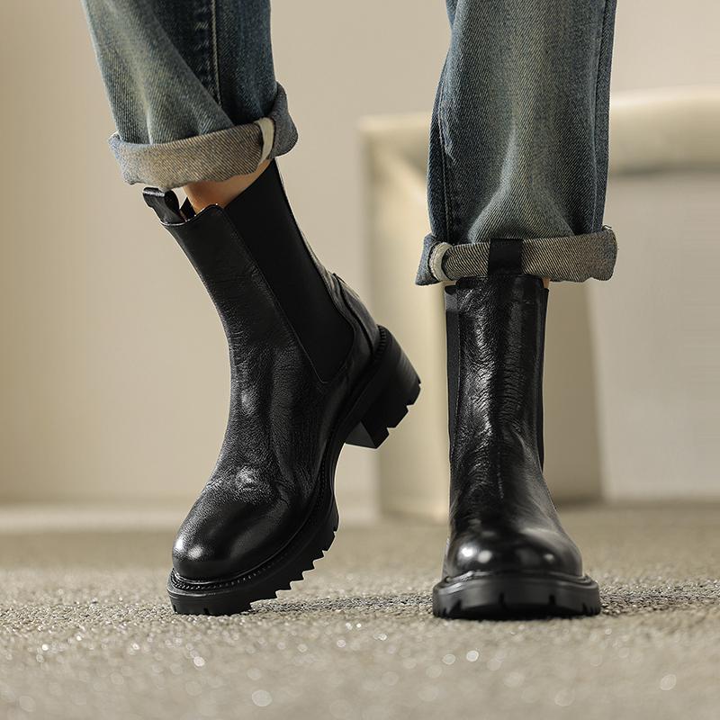 Krazing Pot Осенне-зимняя обувь из коровьей кожи с круглым носком на платформе, большие размеры, базовая одежда, ботинки челси без шнуровки на толстом среднем каблуке, женские ботильоны