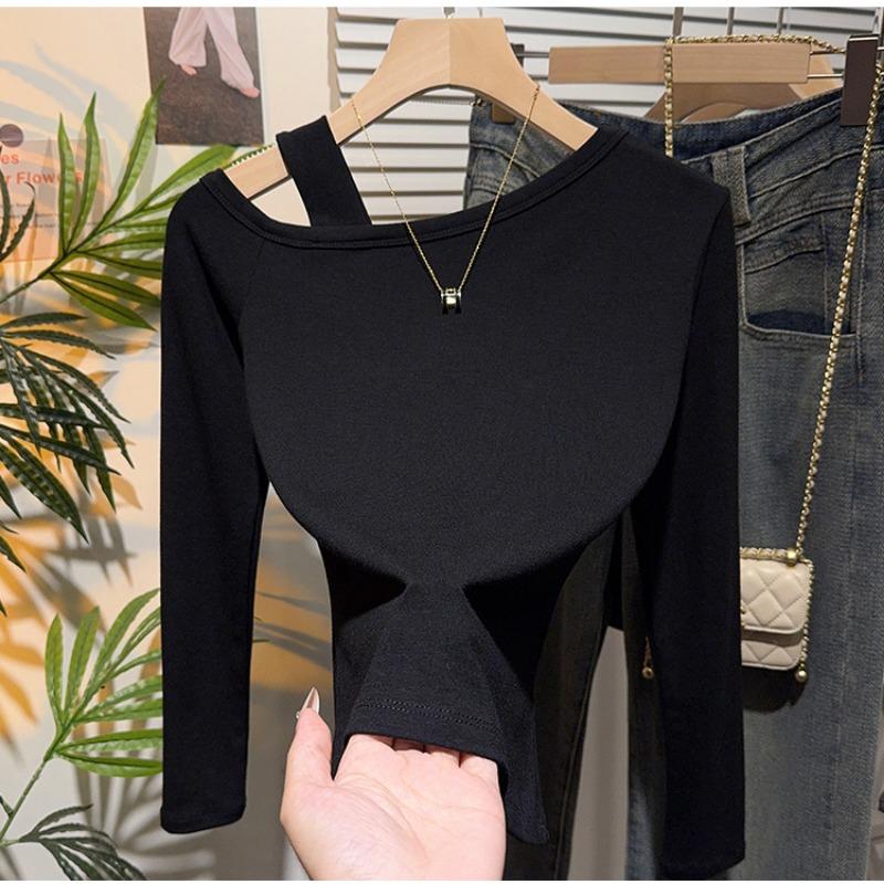Весна Осень Воротник «Один мир» Сексуальная футболка с открытыми плечами Женская с длинным рукавом Повседневная Универсальная Пуловер Футболка Топ