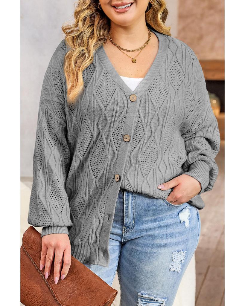 Azura Exchange Gray Plus Size Knitted Hollow Out Button Up Cardigan