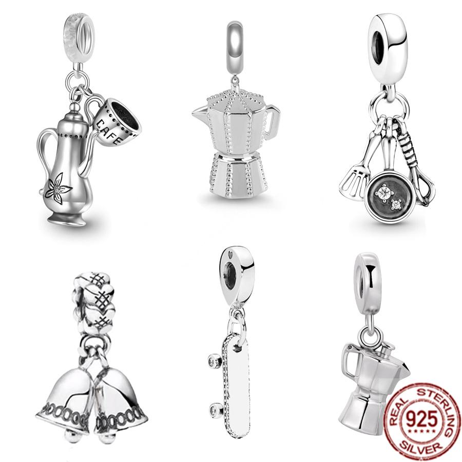 Лидер продаж, стерлинговое серебро S925, потертый кофейник и лопаточка, сковорода, подвесные ювелирные изделия, бусина, подходит для оригинального браслета