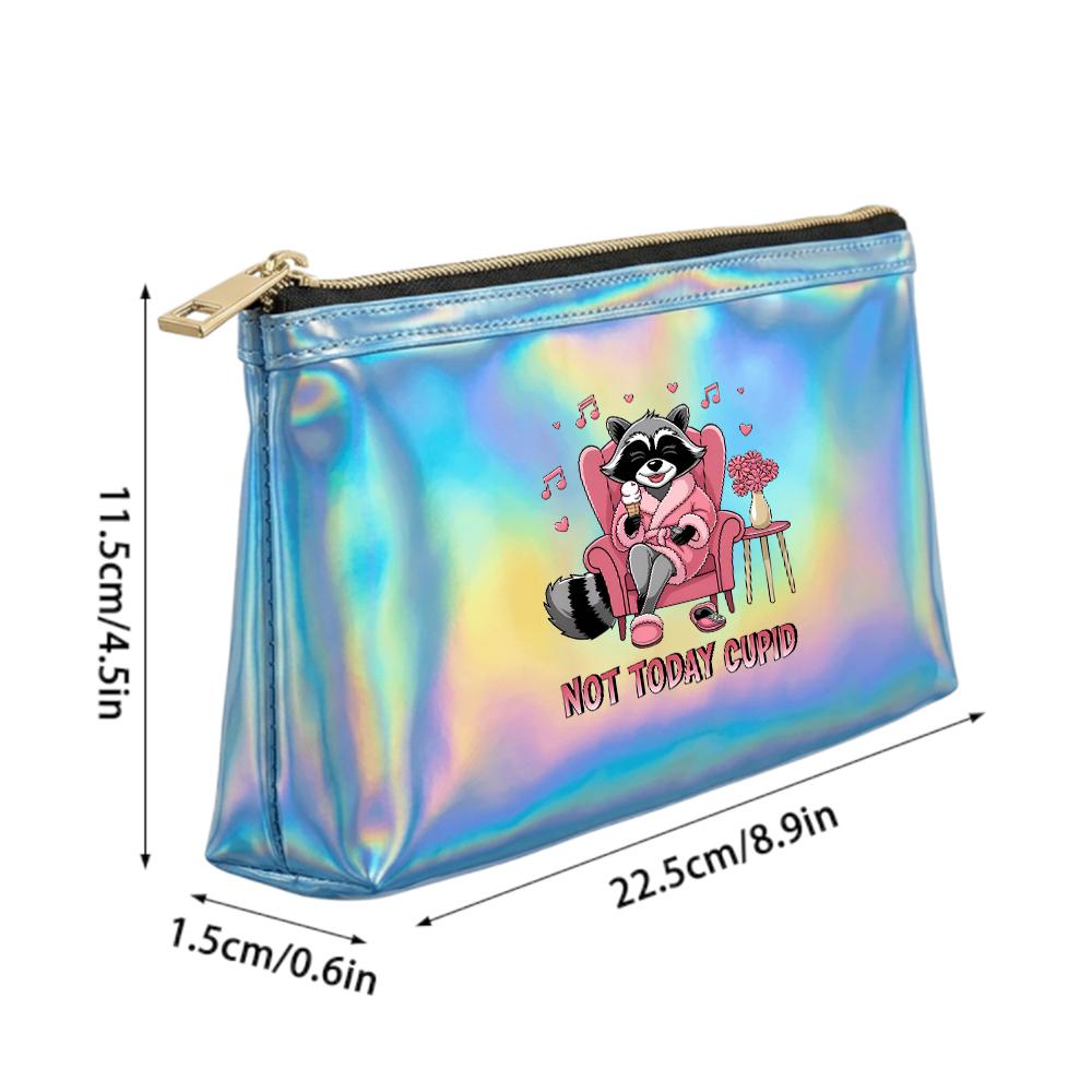 Cute Raccoon Ice Cream Print Laser Cosmetic Makeup Bag, Shiny Holographic Travel Toiletry Pouch for Women Girls Holiday Party Storage Case