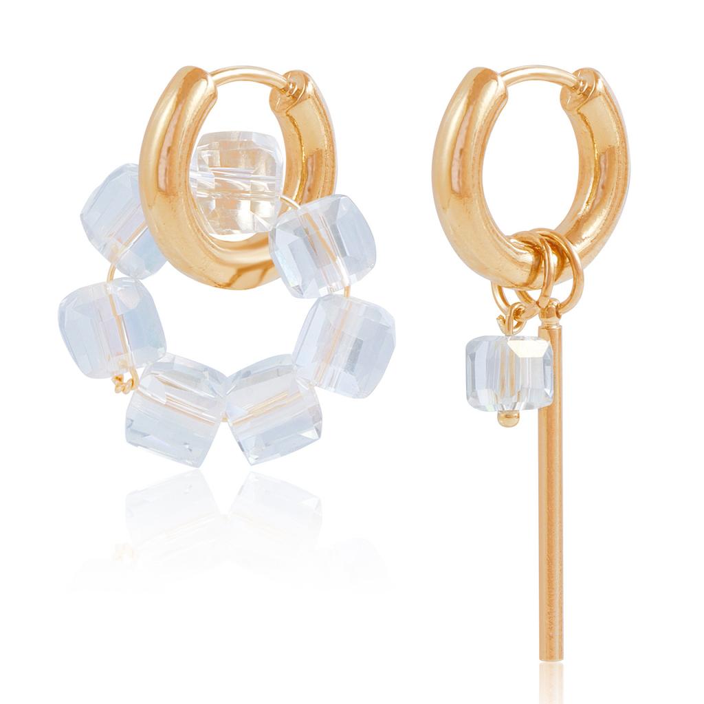 Geometric Long Asymmetrical Earrings Transparent White Square Crystal Bead Metal Jewelry