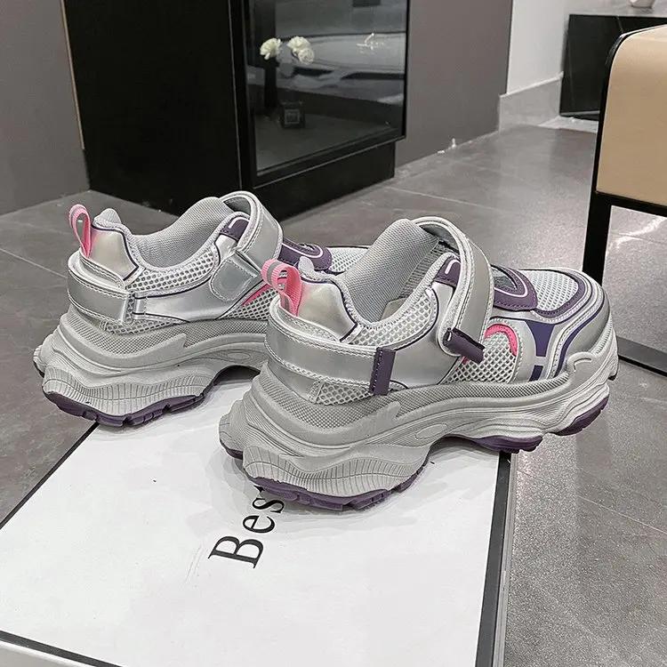 Мода 2024 года, новые женские повседневные туфли, кроссовки на толстой подошве, модные полые дышащие одинарные туфли, женская легкая спортивная обувь на платформе