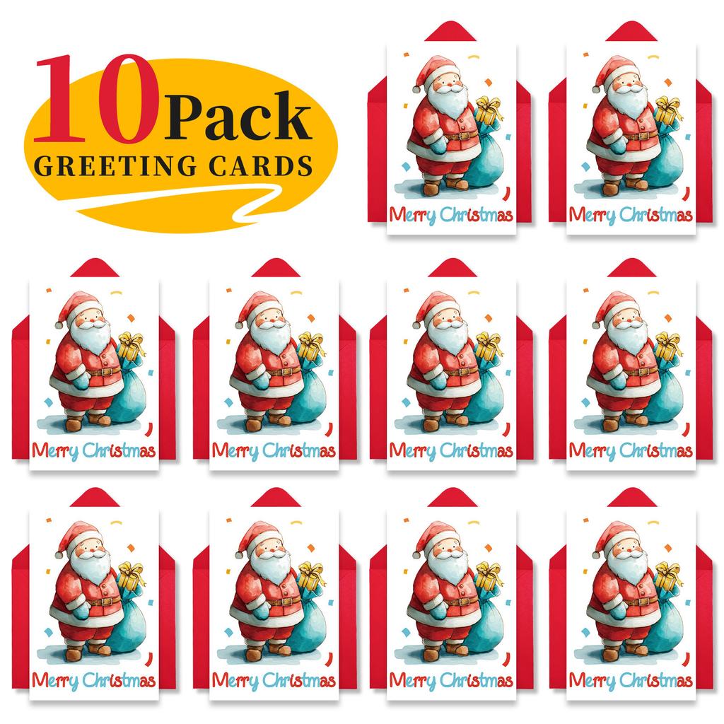 10PCS Christmas Greeting Cards Set with Envelopes, Cartoon Hand-drawn Xmas Cards for Holiday Wishes & Gifts