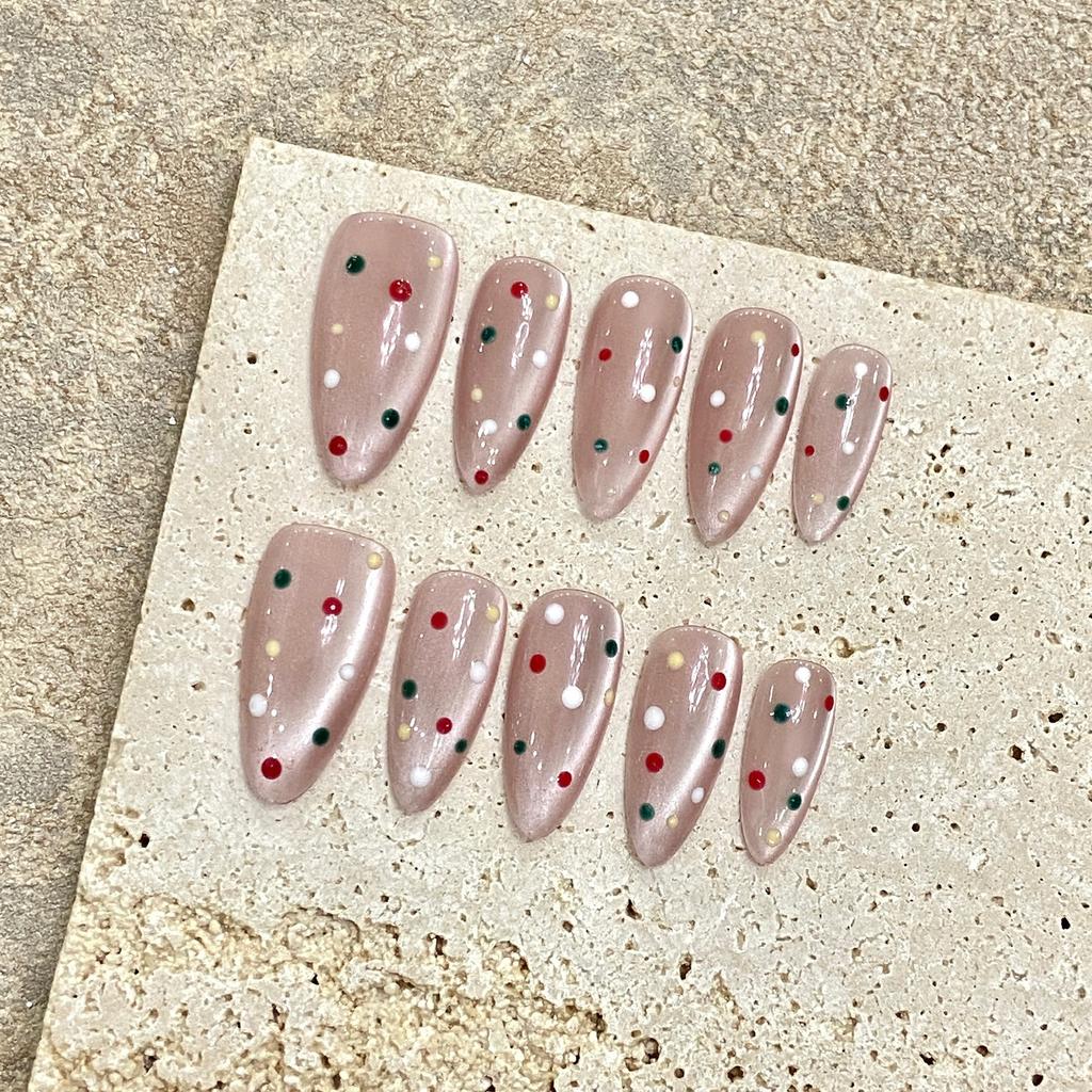 10Pcs Almond False Nails with Polka Dot Cat Eye Design for Nail Art DIY