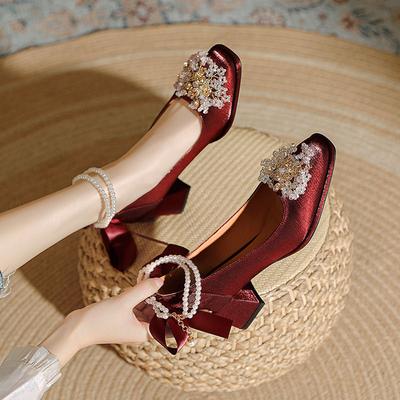 Туфли на высоком толстом каблуке с квадратным носком, красные свадебные туфли с жемчужным ремешком на подъеме, туфли Мэри Джейн на среднем каблуке, удобные туфли для подружки невесты