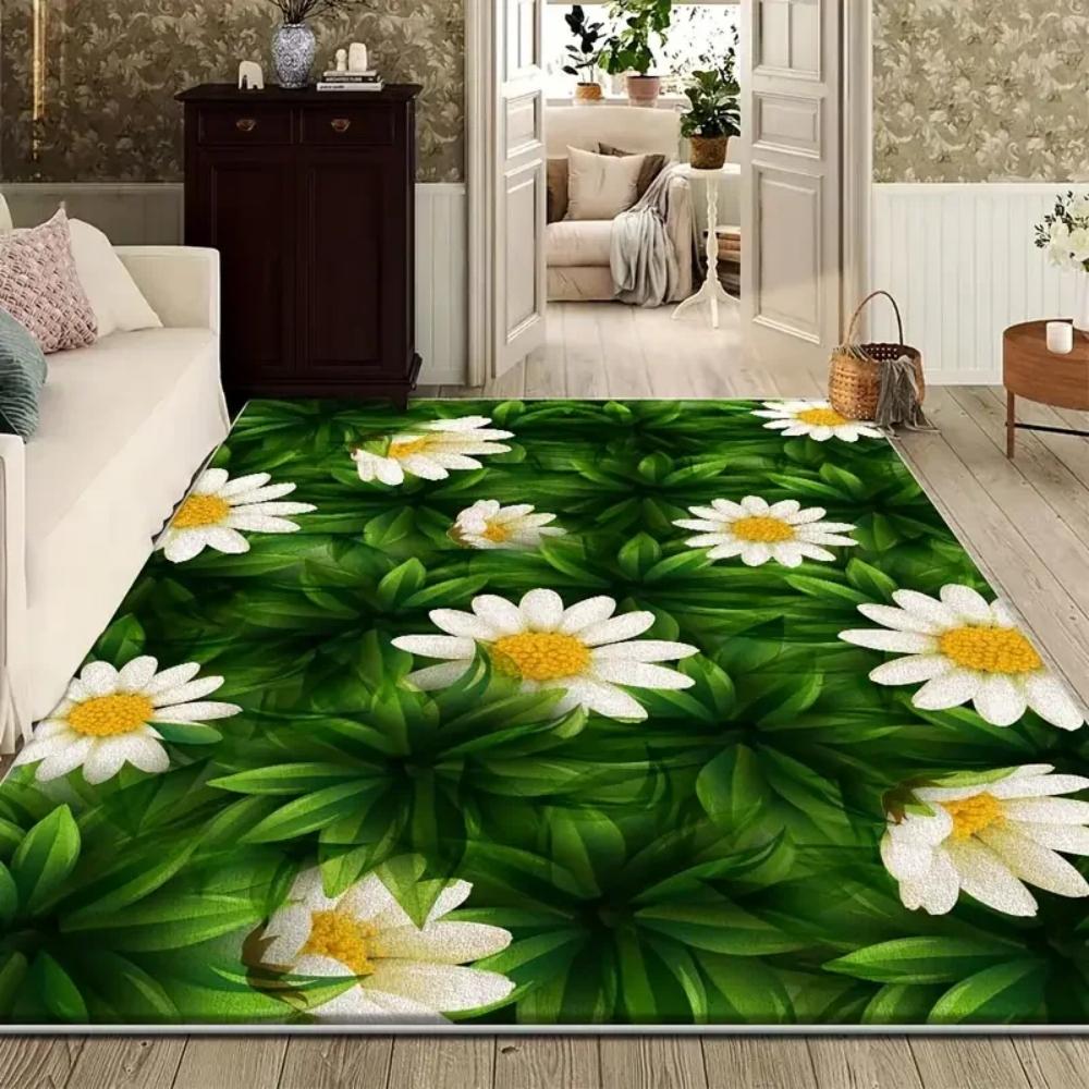 1pc Fresh Floral Daisy Flowers Print Area Rug Floor Carpet for Bedroom, Living Room, Kitchen Garden, Balcony, Sunroom Decor